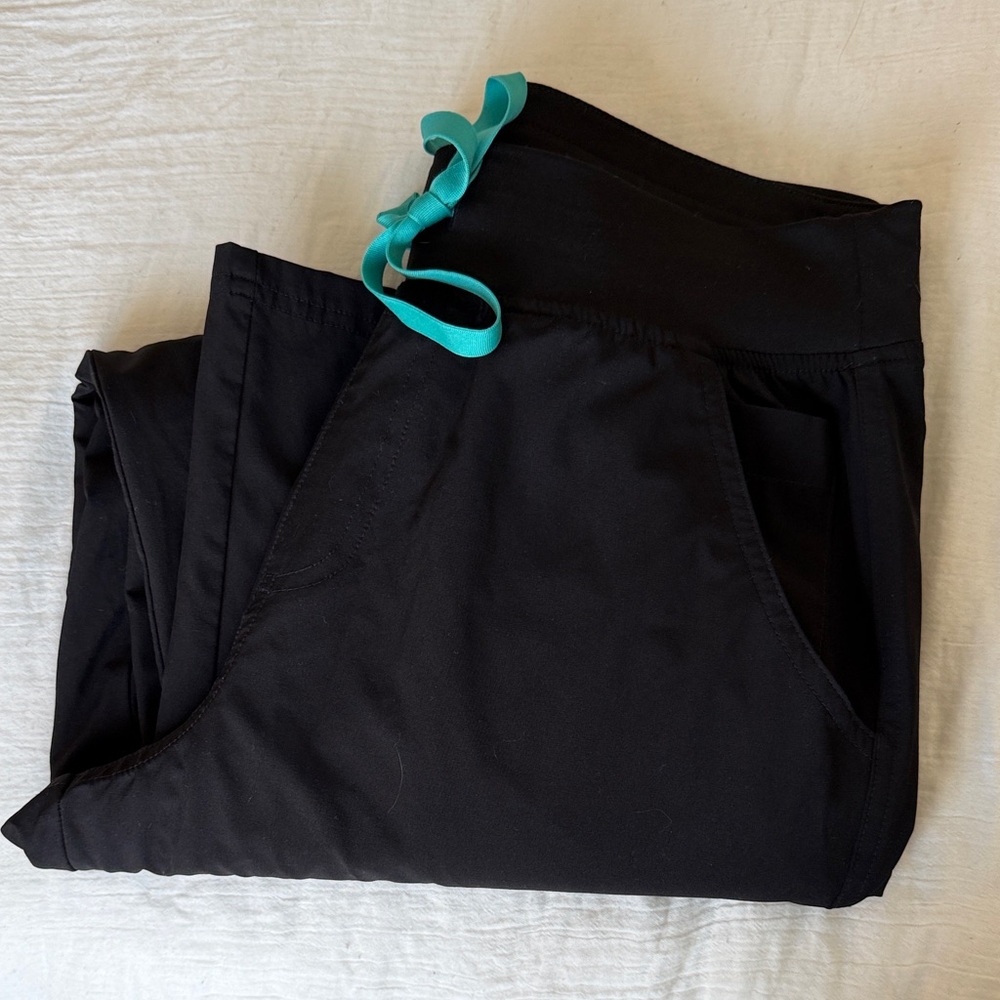 Figs Black Skinny Pants with Teal Drawstring